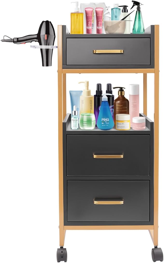 Salon Trolley with Wheels, 3 Drawers Salon Cart with Hair Dryer Holder Utility Salons Cabinet for Tools Storage at Barbershop Beauty Salons Tattoo Shop (Black)