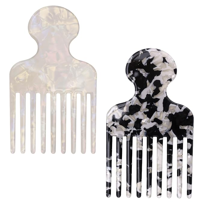 2pcs Wide Tooth Hair Pick for Afro, Smooth Pick Lift Comb, Hair Styling Tools for Men & Women Detangling and Volumizing Long Thick or Short Curly Wavy (Black, White)