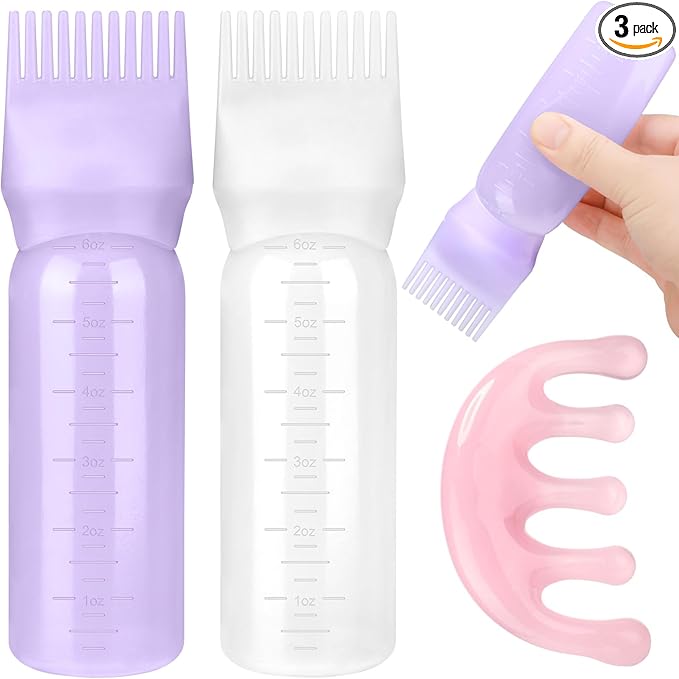 2 Pack Hair Oil Applicator Bottle for Scalp with Massage Comb,6 OZ Hair Oil Bottle with Root Comb for Scalp, Shampoo Scrubber Applicator,Hair Dye Tools(Purple, white)