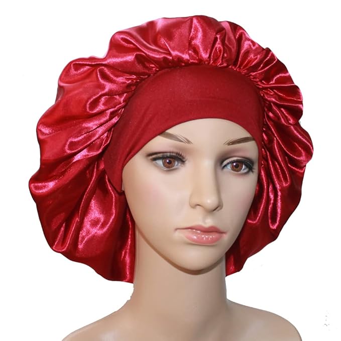 VEYRNEIC Hair Satin Bonnet for Sleeping Shower Caps Silk Chemo Caps with Wide Elastic Band Night Sleep Cap Bonnets for Black Women Braids with Satin Storage Bag (Wine Red)