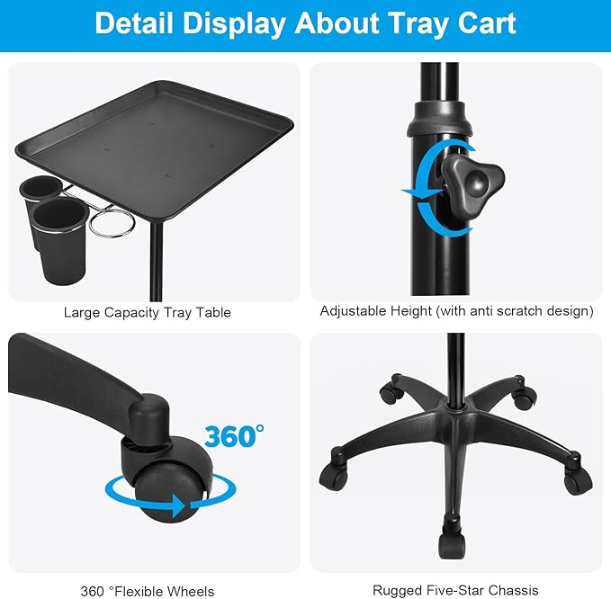 JOSTZHXIN Salon Rolling Tray, Tattoo Tray Rolling Cart, Height Adjustable Styling Tray, Service Storage Tray Trolley for Beauty Salon Clinic Spa,Black-with Cup Holder