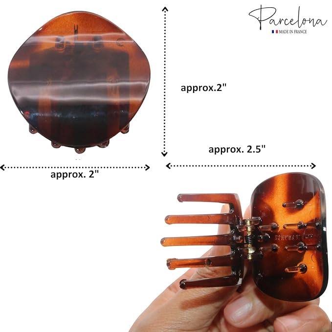 Parcelona French Onde Tortoise Shell Black and Savana Small 2” Celluloid Set of 3 Round Side Slide In Secure Grip Hair Claw for Women and Girls