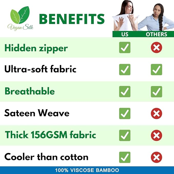 Pillow Cases - 100% Viscose Derived from Bamboo - Cooling Pillowcase - Standard Size, White, Set of 2 Zippered - for Hot Sleepers - Soft Pillow Covers - by Vegan Silk
