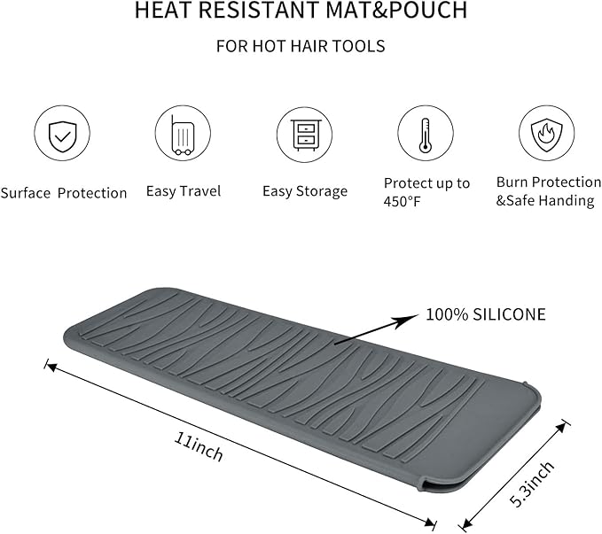 Heat Resistant Silicone Travel Mat Pouch for Hair Styling Tools, 2 Pack, 11 x 5 inches, Slip Resistant, Foldable, Easy-to-Clean, Multipurpose, Grey & Hot Pink