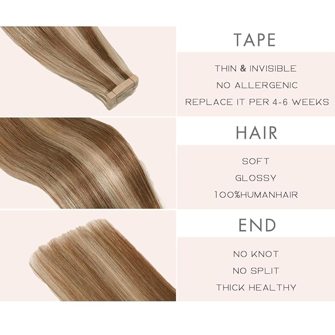 Tape in Human Hair Extensions 20Inch Double Sided Adhesive Tape in Chestnut Brown to Blonde Highlight Remy Hair 20pcs Seamless(P6/613#, 20 Inch)