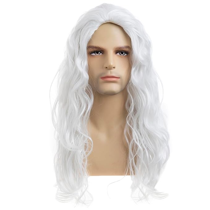 Baruisi Long Curly Wavy White Wigs for Men Synthetic Natural Party Halloween Cosplay Hair Wig，Cream White