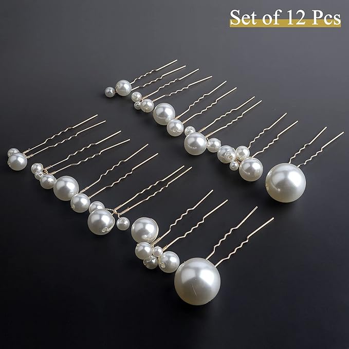 U Shaped Pearl Hair Pins for Wedding, Elegant Updo Hair Accessories for Bridal or Women, Set of 12 (Gold)