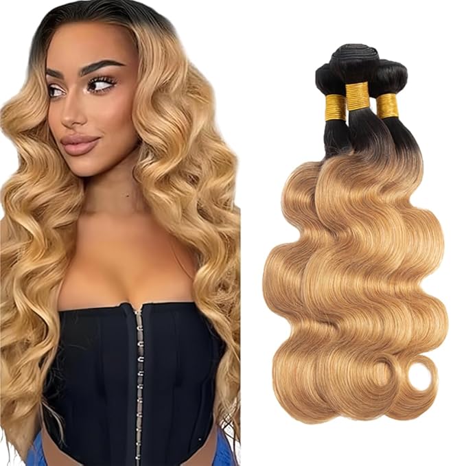 Ombre Bundles Human Hair 1b27 Body Wave Bundles 12 14 16 Inch Brazilian Virgin Remy Hair Extensions Double Weft 2 Tone Black and Honey Blonde Body Wave Bundle