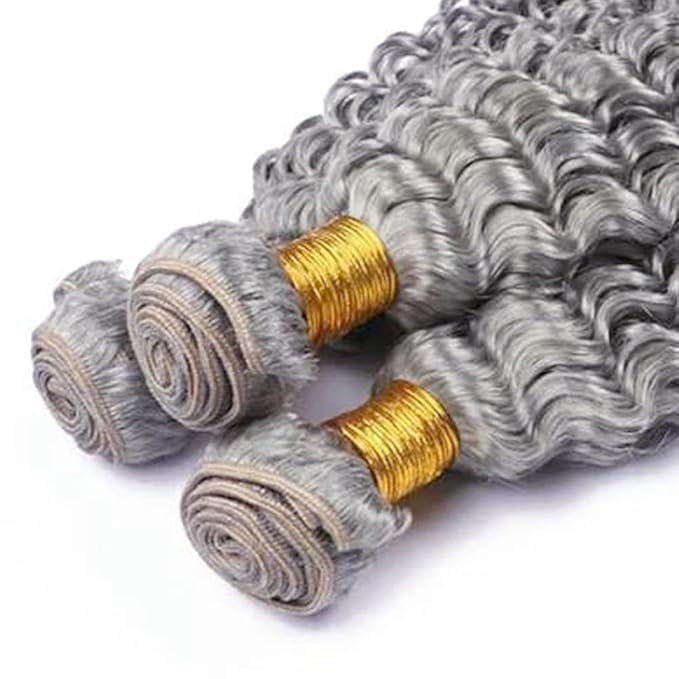 Grey Bundles Human Hair Silver Deep Wave Bundle Niegmeag Brazilian Virgin Remy Hair 3 Bundles 24 26 28 Inch Double Weft Soft And Silky Gray Deep Wave Bundle