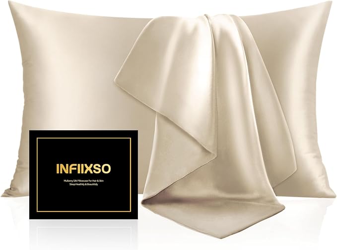 INFIIXSO Mulberry Silk Pillowcase for Hair and Skin, Silk Pillow Cases Standard Size with Hidden Zipper 20x26 Inches, Extraordinary Smooth and Soft Cooling Pillow Cases for Hot Sleepers(Beige, 1 Pack)