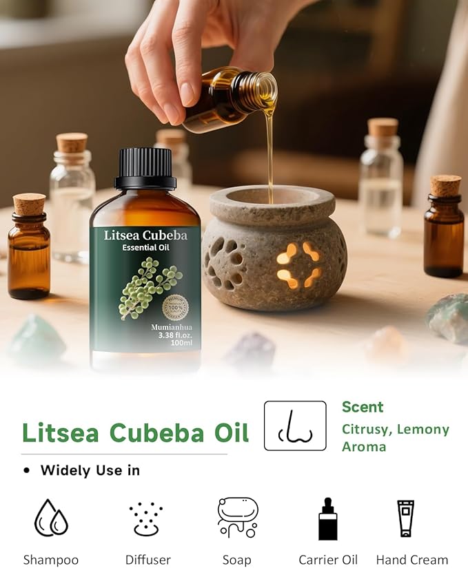 Mumianhua Litsea Cubeba Essential Oil 100% Pure Litsea Cubeba Oil Natural May Chang Essential Oil for Aroma & Diffusers, Massage, Skin Care, Hair Care, Candle & Soap Making 3.38 Fl Oz