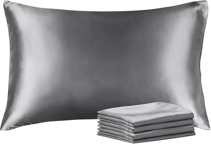 BEDELITE Satin Pillowcase with Zipper 4 Pack, Dark Grey Pillow Cases Standard Size, Super Soft and Cooling Similar to Silk Pillow Cases, Gift for Women Men(20x26 Inches)