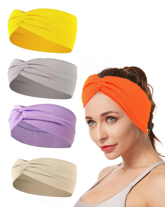 10 Pcs Wide Absorbent Sport Headbands for Women, Non-slip, Stretchy, Soft Cotton Twist Knotted Hair Bands for Daily Workout Yoga Running Sports, BF