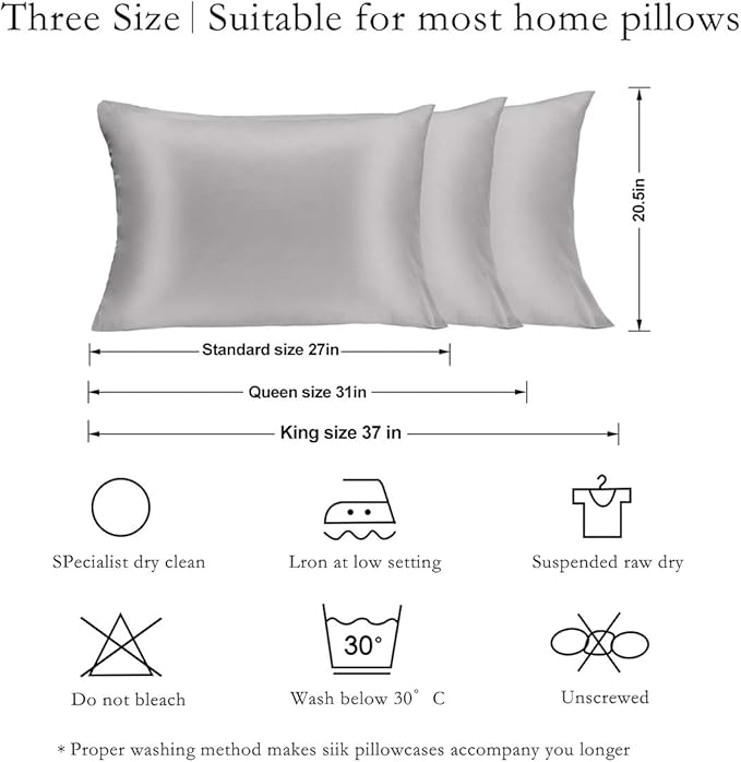 Silk Pillowcase for Hair and Skin 2 Pack 100% Mulberry Silk Bed Pillowcase Hypoallergenic Soft Breathable Both Sides Silk Pillow Case with Hidden Zipper, King Size Pillow Cases (Grey)