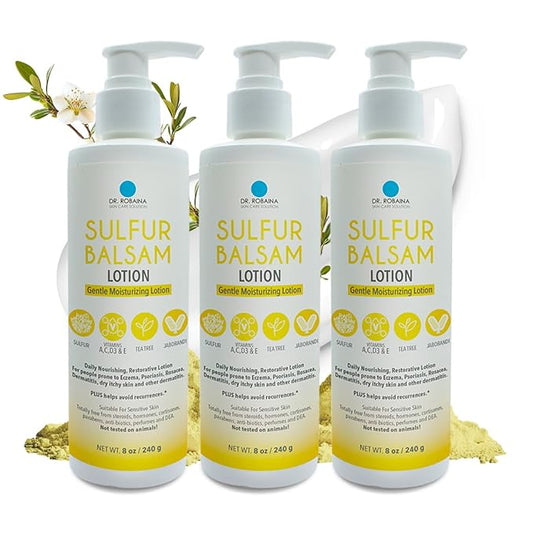 Dr. Robaina Sulfur Balsam Lotion – Lightweight Moisturizer for Dry, Flaky & Itchy Skin – Calms Redness, Supports Skin Barrier & Locks Hydration – Shea Butter & Tea Tree – 8 fl oz, USA Made