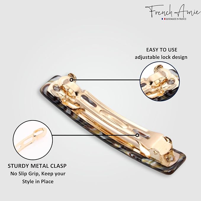 French Amie Small 2 1/4 inch Celluloid Handmade Hair Barrette No Slip Grip Durable Styling Women Hair Accessories Hair Clip for Girls, Made in France(Onyx Silver Grey)