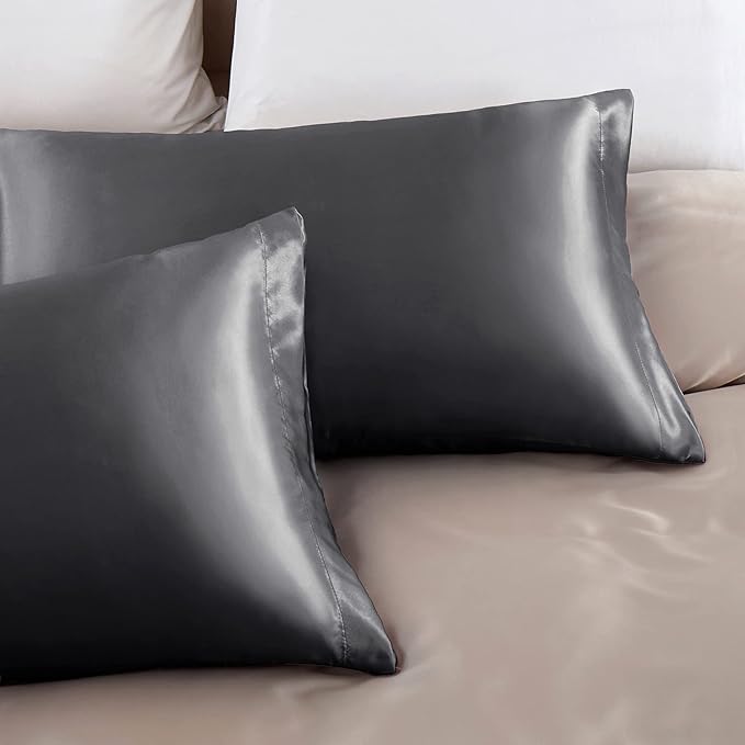 Aormenzy Dark Grey Satin Pillowcase for Hair and Skin, Satin Pillow Cases for Women Standard Size Set of 2 with Envelope Closure Silky Pillow Covers Wrinkle, Fade Resistant (20x26 Inches)