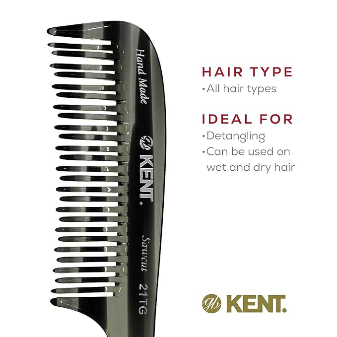 Kent 21T Black Graphite Large Detangling Comb, Wide Teeth for Thick Curly Wavy Hair. Long Hair Detangler Comb For Wet and Dry. Handmade of Quality Cellulose, Saw-Cut Hand Polished, Made in England