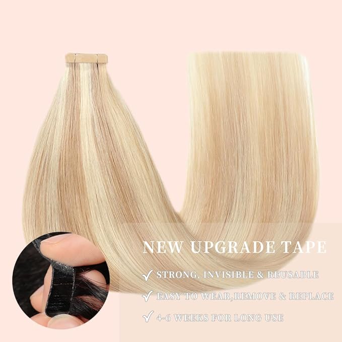 Human Hair Tape in Extensions Ash Blonde Highlighted Bleach Blonde 20 Inch 20pcs Seamless Straight Double Sided Remy Invisible Tape in Hair Extensions Human Hair (P18K/60#,20 Inch)