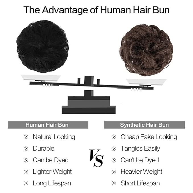 FESHFEN Human Messy Buns - 100% Human Hair Bun Real Scrunchies Hair Pieces Ponytail Extensions Wavy Tousled Updo Chignon Hairpieces for Women, Black