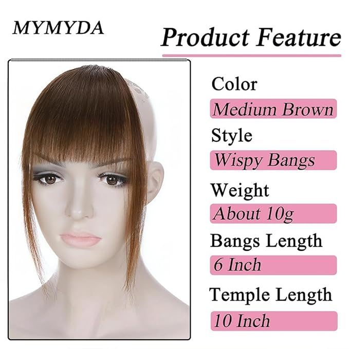 Clip in Bangs Medium Brown Color 100% Real Human Hair Wispy Clip on Bangs Extensions Fringe with Temples Hairpieces for Women