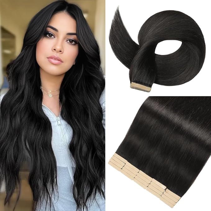 Human Hair Tape in Extensions Natural Black 20 Inch Invisible Tape in Hair Extensions Human Hair for Women Hair Extensions Real Human Hair Tape in
