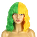 BERON 14 Inches Green Yellow Wig for Women Girls Short Curly Wig Green Yellow Split Wig with Bangs