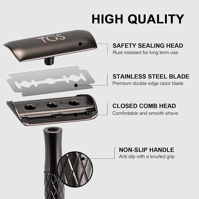 Single Blade Safety Razor for Men with Silicone Cover & 10 Blades Double Edge Safety Razor for Travel Metal Eco-Friendly Reusable Razor for Shaving (Matte Black)