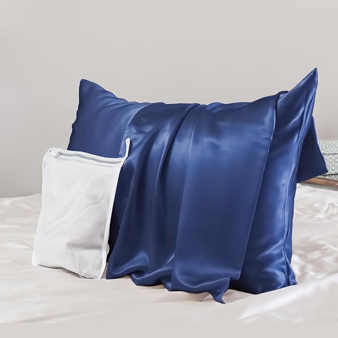 PROMEED 100% Mulberry Silk Pillowcase for Hair and Skin - Allergen Resistant Both Sides 23 Momme 1400 TC Silk Bed Pillow Cases with Hidden Zipper, 1PC (Queen 20"x30", Navy)