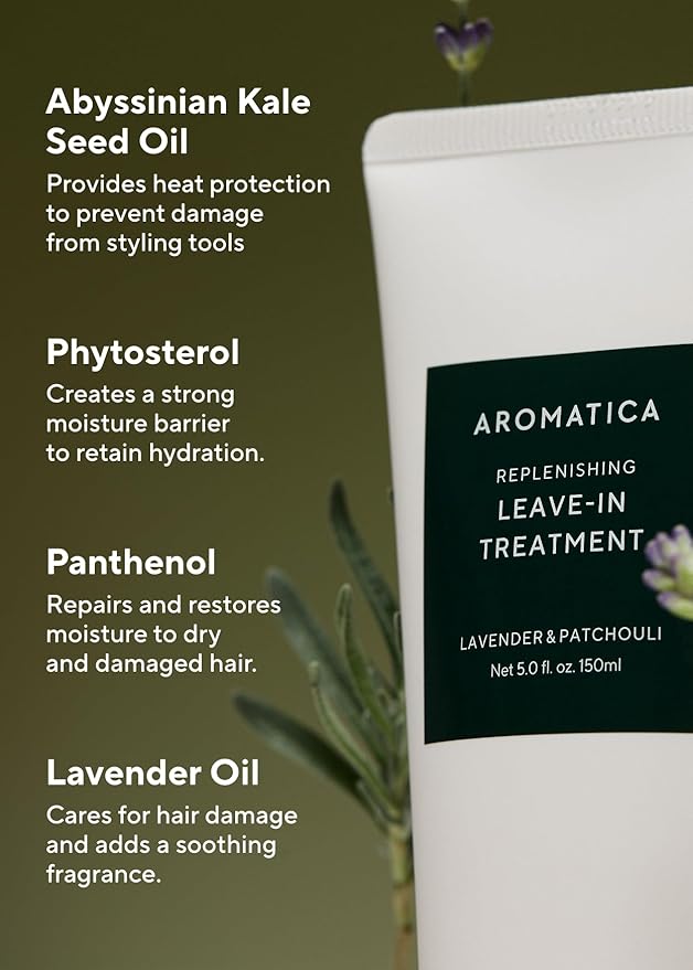 AROMATICA Replenishing Leave-in Conditioner Lavender & Patchouli, Perfect for Blow Out & Heat Protection & Damaged hair - Silicone-Free, No-Wash Hair Treatment (5.0fl oz)