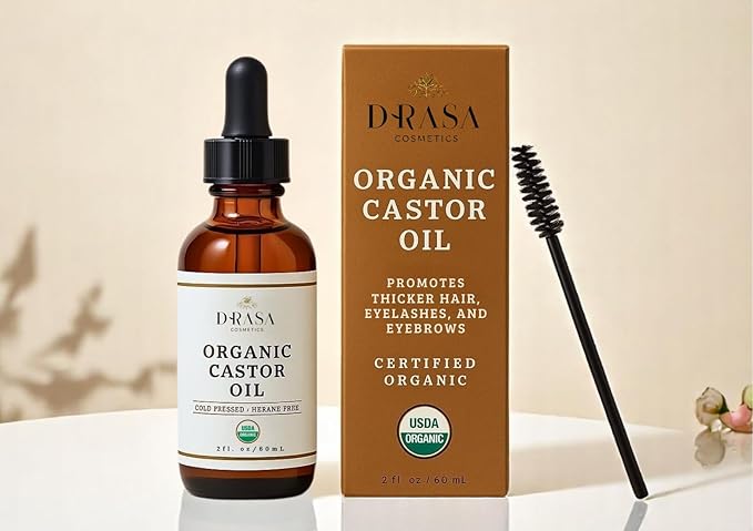 Organic Castor Oil– 100% Pure, Extra Virgin (2oz Glass Bottle), Cold-Pressed, Hexane-Free, Promotes Growth of Hair, Eyebrows & Eyelashes, For Castor Oil Packs, With Free Eyebrow Brush