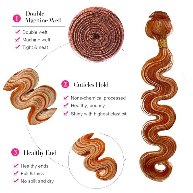 18 20 22 Inch Color 350 Bundles Human Hair Highlight Ginger Orange Bundles Brazilian Virgin Remy Hair Extensions Double Weft 2 Tone Orange and Blonde Bundle Hair Weave