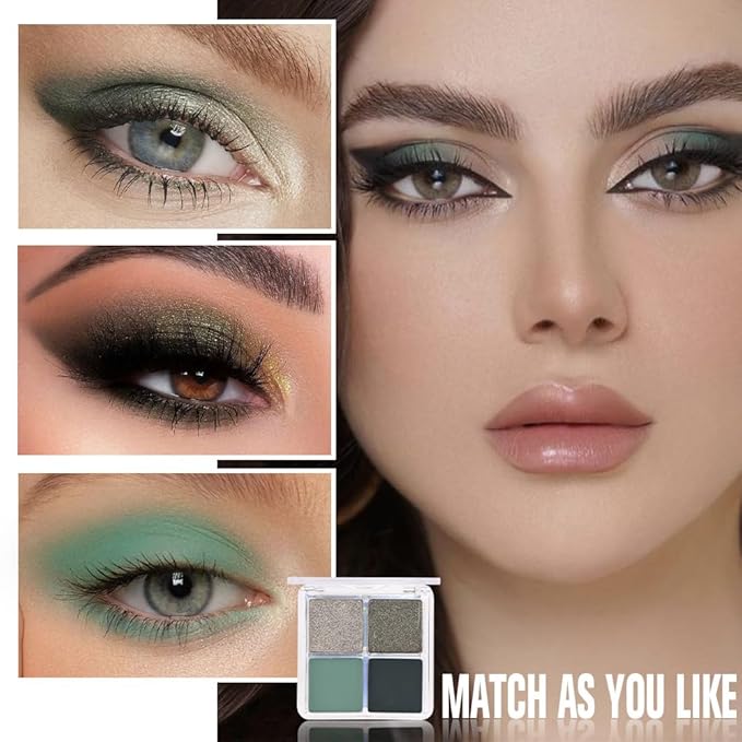 4 Colors Matcha Green Eye Shadow Powder Palette Makeup, Highly Pigmented Waterproof Matte Shimmer Quad Eyeshadow Palette for Women, paleta de sombras de ojos, Blendable, Vegan 12