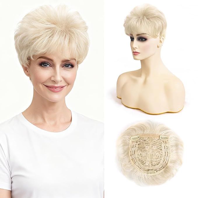 Short Hair Topper for Thinning Hair 4 Inch Short Pixie Cut Toppers Pieces Natural Curly Synthetic Black Wiglets Hairpieces (Light Ash Blonde, 4 inch)