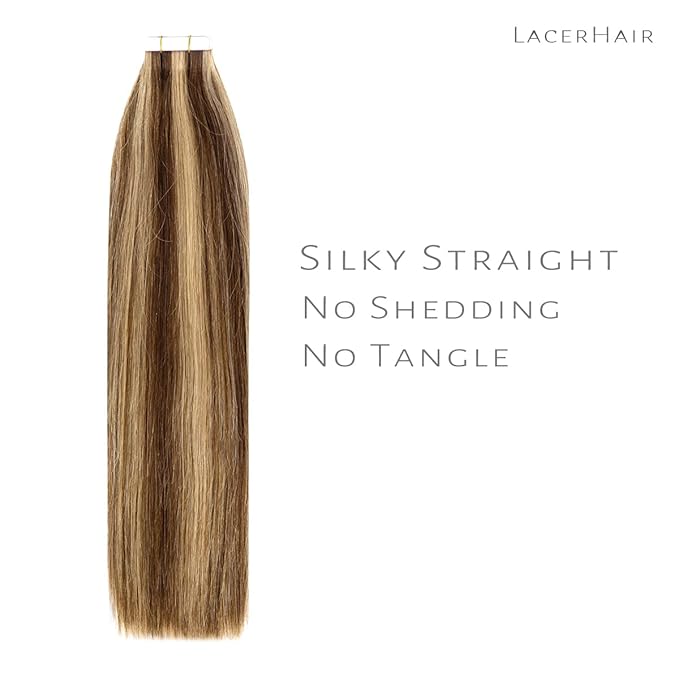Lacer Remy Human Hair Extensions Tape in Highlight Dark Brown to Golden Brown Tape in Human Hair Extensions PU Skin Weft 100% Real Virgin Invisible Hair Double Side 50g 20pcs/set 18 Inch