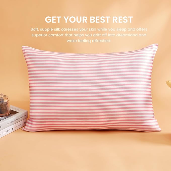 THXSILK Mulberry Silk Pillowcase for Hair and Skin Health, Grade 6A+ Mulberry Silk Pillowcase with Hidden Zipper, Soft and Breathable, 1pc (King 20"x36", Pink White Stripes)