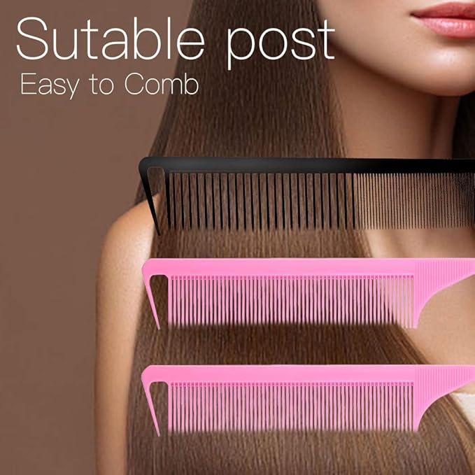 3-in-1 Rat Tail & Stainless Steel Pintail Comb Set - Carbon Fiber Teasing Comb for Braids, Barber Styling & Salon Use - Fine Teeth, Pink & Black