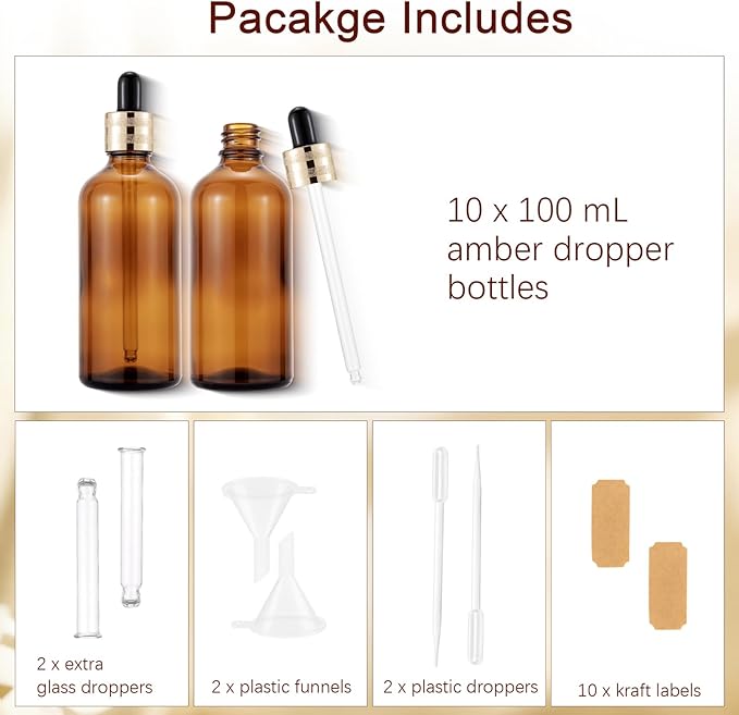 10 Pack 100ml Amber Glass Dropper Bottles with Droppers, Funnels & Labels for Essential Oils, 3.38oz Eye Dropper Bottles with Golden Caps, Brown Empty Glass Tincture Vials for Travel