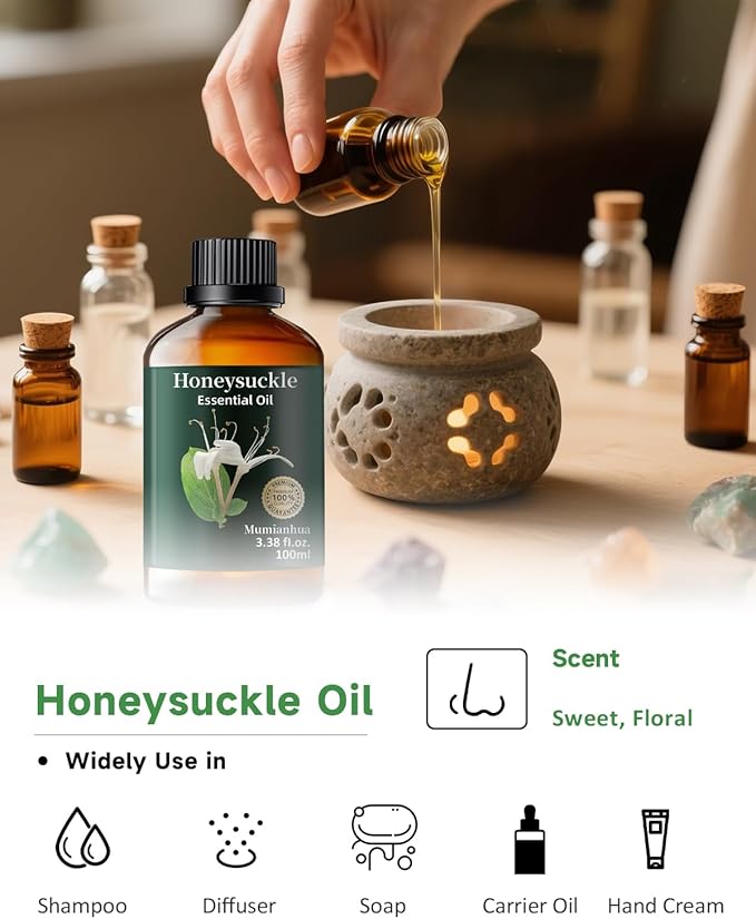 Pure Honeysuckle Essential Oil for Bedtime Serenity, Evening Relaxation & Pillow Mist, Mumianhua Natural Floral Aroma for Reed Diffuser, Hair, Skin, Calming Blends, Candles,Perfume Making 3.38 Fl Oz