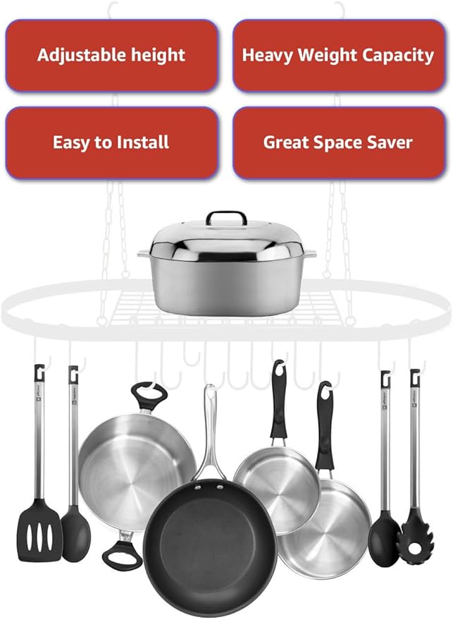 Sorbus® Pot and Pan Rack for Ceiling with Hooks — Decorative Oval Mounted Storage Rack — Multi-Purpose Organizer for Home, Restaurant, Kitchen Cookware, Utensils, Books, Household (Hanging Chrome)
