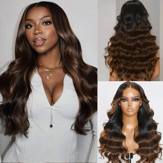 YIROO Ombre Chestnut Brown Bye Bye Knots Wig Loose Wave 7x5 Lace Front Glueless Wig Human Hair Pre Plucked Pre Cut Put on and Go Ready to Wear Wig Pre Bleached 150% Density 24inch