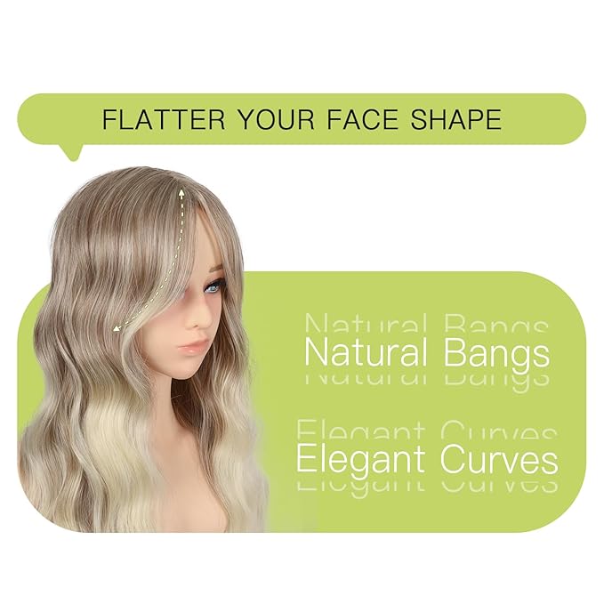 Long Wavy Ash Blonde Wig with Curtain Bangs for Women 26 Inch Synthetic Wig Natural Looking Heat Resistant Fiber Hair Wig for Daily Party Halloween Cosplay Use