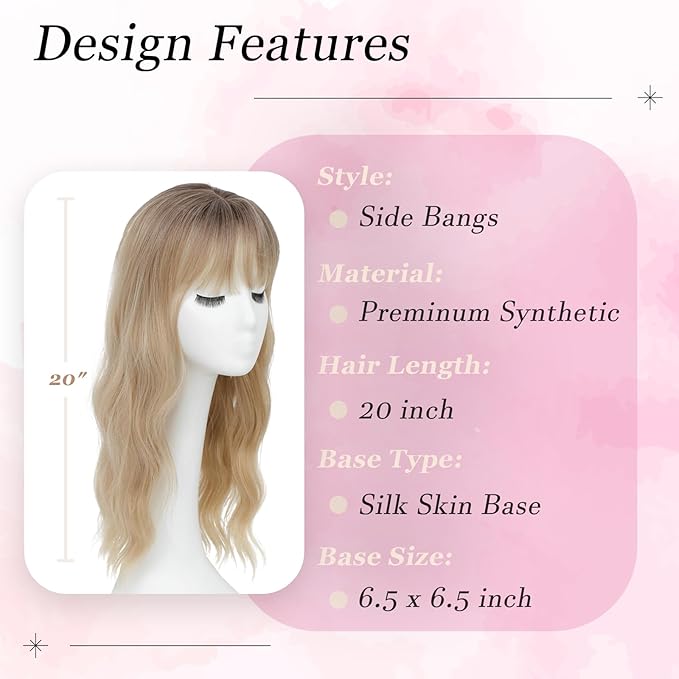 Hair Topper, 360° 3D Hair Toppers for Women with Thinning Crown, 20 Inch Long Wavy Curly Hair Pieces Clip in Bangs (Highlights Champagne Blonde with Brown Root, 20 inch, Side Bangs)