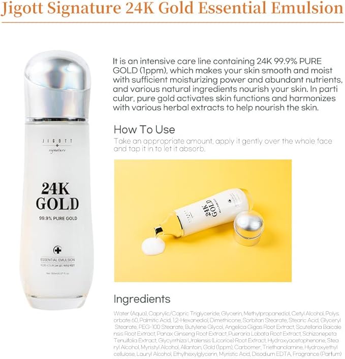 Signature 24K Gold Essential Skin Care 3 Set - Toner (150ml), Emulsion (150ml), Cream (50ml) - Korean Skincare for Healthy and Glowing Skin