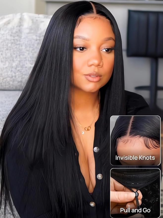 Julia Hair No Slip Yaki Straight 7x5 Lace Closure Glueless Drawstring Wig Flexible Mesh Cap Bye-Bye Slip Pre Cut HD Lace Front Pre Everything Bleached Knots Wear and Go Wig,Zero Slip Hold 20 Inch