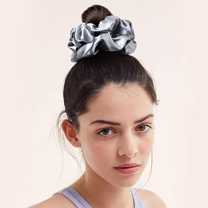CEELGON Large Silk Satin Scrunchies for Women - Big Jumbo Hair Ties for Thick Curly Hair - Pack of 6 (Black, Pink, Dusty Blue, Gold, White)