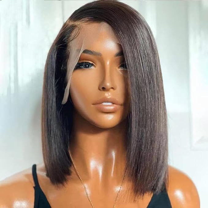 Bob Wig Human Hair 13x4 Short Straight Bob Lace Frontal Wigs for Black Women Human Hair Pre Plucked Glueless 180% Density Black Color 10 Inch