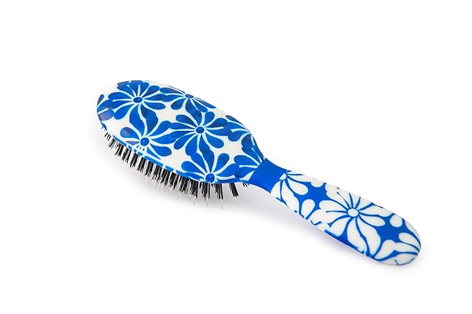 Rock & Ruddle Natural Mixed Boar Bristle Hair Brush for Women and Kids (Small/Travel Size, 17.5cm - Perfect for Wet or Dry Hair, Detangling Smoothing Blowdrying - Made in UK - Blue Ribbon