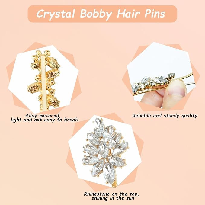 10 Pieces Rhinestone Hair Clips, Crystal Bobby Hair Pins Decorative Rhinestone Hair Barrettes for Wedding, Leaf Feather Sunflower Hair Clips Metal Hair Accessories for Women,4 Styles(Gold)