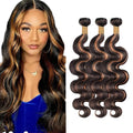 Highlight Bundles Human Hair Light Brown Body Wave Bundle Niegmeag Brazilian Virgin Remy Hair 3 Bundles 12 14 16 Inch Double Weft 2 Tone Black and Light Brown Bundle P1B30 Color